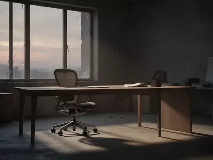 Ein leerer, minimalistischer Arbeitsplatz in einem Büro bei Dämmerung mit langen Schatten und weichem Lichteinfall. - Foto: über boerse-global.de
