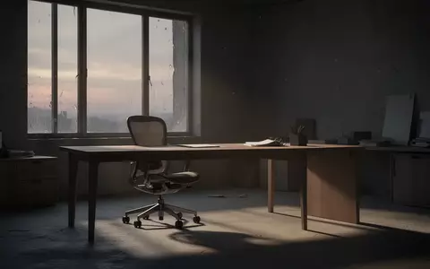 Ein leerer, minimalistischer Arbeitsplatz in einem Büro bei Dämmerung mit langen Schatten und weichem Lichteinfall. - Foto: über boerse-global.de