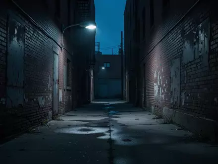 Eine schmale, verlassene Gasse in der Dämmerung mit kühler Beleuchtung und Schatten an den Wänden. - Foto: über boerse-global.de