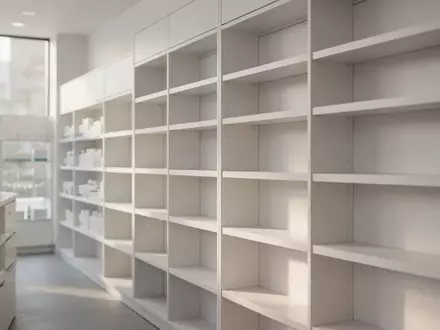 Helle, moderne Apothekenregale in einer ruhigen, minimalistischen Umgebung. - Foto: über boerse-global.de