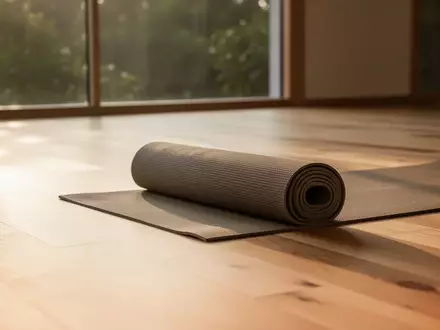 Eine aufgerollte Yogamatte auf einem hellen Holzboden in einem lichtdurchfluteten, ruhigen Raum. - Foto: über boerse-global.de