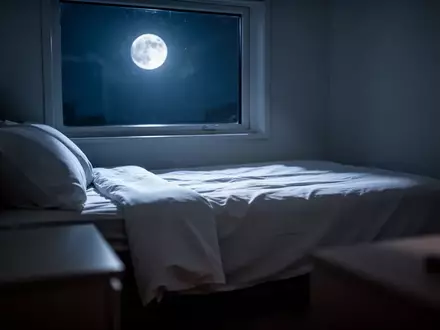 Ein minimalistisch eingerichtetes Schlafzimmer in der Nacht mit sanftem Mondlicht, das auf ein unbenutztes Bett fällt. - Foto: über boerse-global.de