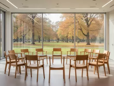 Ein heller, freundlicher Gruppenraum mit Stuhlkreis und Blick ins GrĂĽne als Ort fĂĽr soziale Begegnungen. - Foto: ĂĽber boerse-global.de