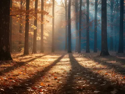 Ein sonnendurchfluteter Wald im Herbst mit langen Schatten, der den jahreszeitlichen Lichtmangel symbolisiert. - Foto: über boerse-global.de