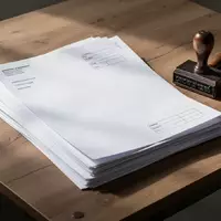 Ein sauberer Schreibtisch mit sorgfältig gestapelten, leeren Lieferscheinen und einem Stempel in natürlichem Licht. - Foto: über boerse-global.de