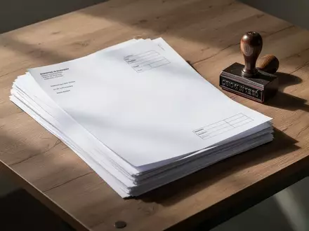 Ein sauberer Schreibtisch mit sorgfältig gestapelten, leeren Lieferscheinen und einem Stempel in natürlichem Licht. - Foto: über boerse-global.de