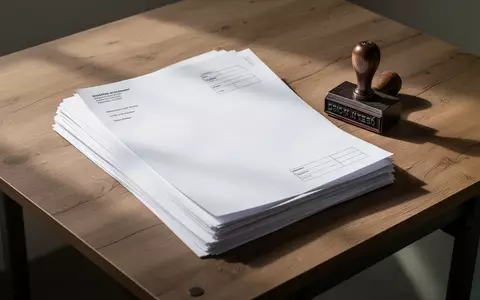 Ein sauberer Schreibtisch mit sorgfĂ€ltig gestapelten, leeren Lieferscheinen und einem Stempel in natĂŒrlichem Licht. - Foto: ĂŒber boerse-global.de