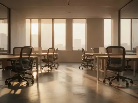 Ein leeres, modernes Büro in der Abendsonne, das eine ruhige und aufgeräumte Arbeitsumgebung vermittelt. - Foto: über boerse-global.de