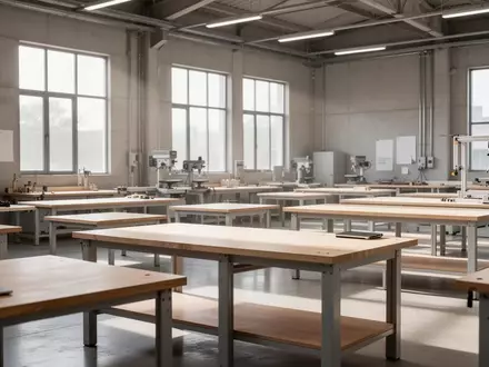 Eine leere, helle Werkstatt mit hölzernen Arbeitstischen in einer modernen Ausbildungseinrichtung. - Foto: über boerse-global.de