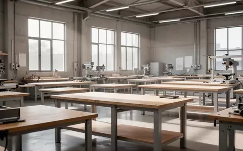 Eine leere, helle Werkstatt mit hölzernen Arbeitstischen in einer modernen Ausbildungseinrichtung. - Foto: über boerse-global.de