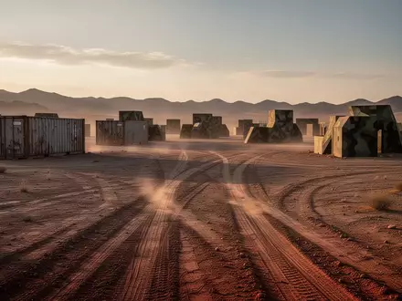 Weites, staubiges Übungsgelände in der Wüste mit schattigen, geometrischen Strukturen in der Ferne bei Dämmerung. - Foto: über boerse-global.de