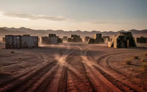 Weites, staubiges Übungsgelände in der Wüste mit schattigen, geometrischen Strukturen in der Ferne bei Dämmerung. - Foto: über boerse-global.de