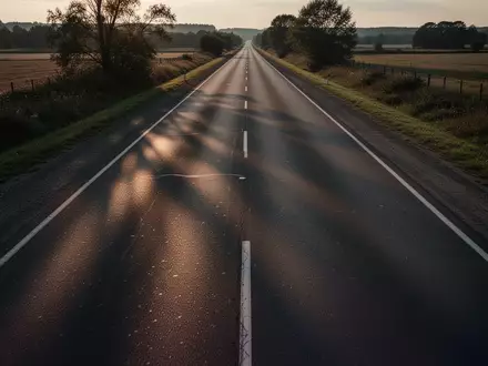 Eine leere, asphaltierte LandstraĂe in der DĂ€mmerung mit deutlich sichtbaren Fahrbahnmarkierungen und weiten Feldern. - Foto: ĂŒber boerse-global.de