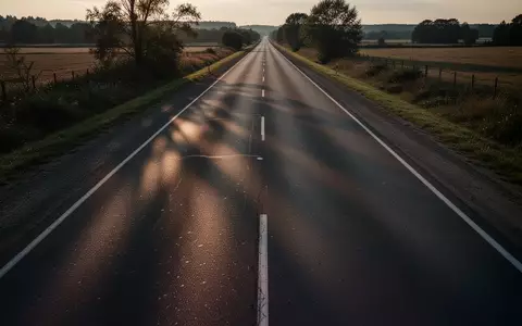 Eine leere, asphaltierte Landstraße in der Dämmerung mit deutlich sichtbaren Fahrbahnmarkierungen und weiten Feldern. - Foto: über boerse-global.de