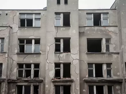 Eine verwitterte Wohnhausfassade in Berlin Mitte mit leeren Fenstern und bröckelndem Putz bei bewölktem Tageslicht. - Foto: über boerse-global.de