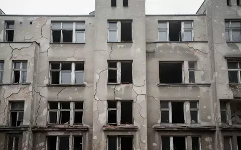 Eine verwitterte Wohnhausfassade in Berlin Mitte mit leeren Fenstern und bröckelndem Putz bei bewölktem Tageslicht. - Foto: über boerse-global.de