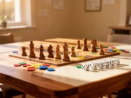 Ein heller, einladender Gemeinschaftsraum mit einem Holztisch, auf dem Spielsteine und Würfel für Gesellschaftsspiele liegen. - Foto: über boerse-global.de
