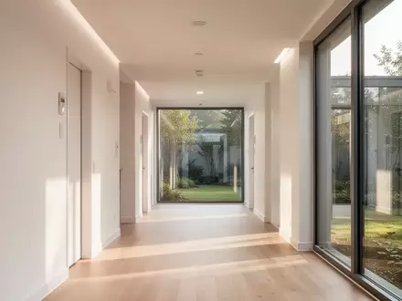 Ein heller, moderner Flur in einer Pflegeeinrichtung mit großen Fenstern und Blick auf einen ruhigen Garten. - Foto: über boerse-global.de