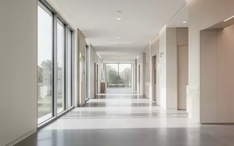 Moderner, heller Flur in einer medizinischen Einrichtung mit klaren architektonischen Linien und natĂŒrlichem Lichteinfall. - Foto: ĂŒber boerse-global.de