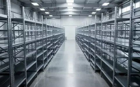 Leere, industriell gestaltete Lagerregale in einem modernen Logistikzentrum für Arzneimittel. - Foto: über boerse-global.de