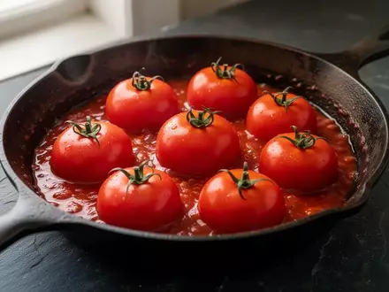 Nahaufnahme von reifen, leuchtend roten Tomaten, die in einer gusseisernen Pfanne auf einer dunklen Steinoberfläche köcheln. - Foto: über boerse-global.de