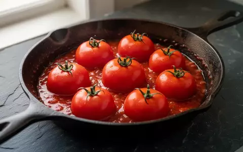 Nahaufnahme von reifen, leuchtend roten Tomaten, die in einer gusseisernen Pfanne auf einer dunklen Steinoberfläche köcheln. - Foto: über boerse-global.de