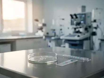 Ein steriler, moderner medizinischer Laborraum mit einem leeren Glasobjektträger auf einer sauberen Edelstahloberfläche. - Foto: über boerse-global.de