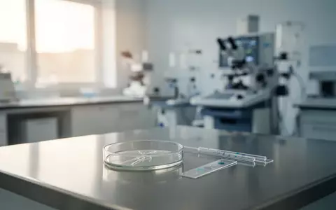 Ein steriler, moderner medizinischer Laborraum mit einem leeren Glasobjektträger auf einer sauberen Edelstahloberfläche. - Foto: über boerse-global.de