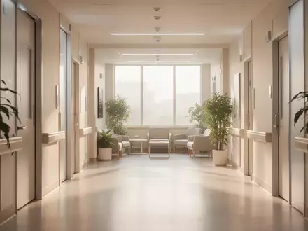 Ein heller, moderner Krankenhausflur mit natürlichem Licht und Pflanzen, der eine ruhige Atmosphäre der Genesung vermittelt. - Foto: über boerse-global.de