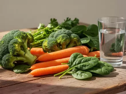 Frisches, gesundes Gemüse und ein Glas Wasser auf einem hölzernen Tisch als Symbol für bewusste Ernährung und Prävention. - Foto: über boerse-global.de