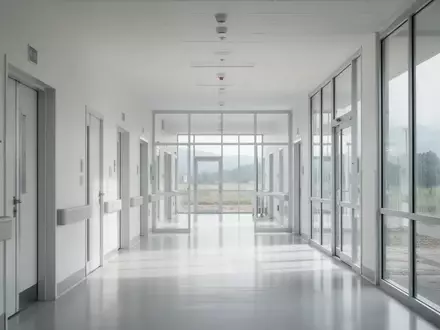 Moderner, heller Krankenhausflur in einem ländlichen Klinikgebäude mit minimalistischer Architektur und natürlichem Licht. - Foto: über boerse-global.de