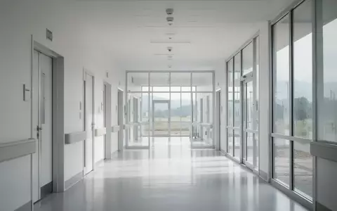 Moderner, heller Krankenhausflur in einem ländlichen Klinikgebäude mit minimalistischer Architektur und natürlichem Licht. - Foto: über boerse-global.de