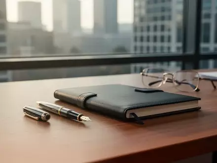 Ein professioneller Schreibtisch mit Notizbuch und Brille in einer ruhigen Büroumgebung bei natürlichem Tageslicht. - Foto: über boerse-global.de