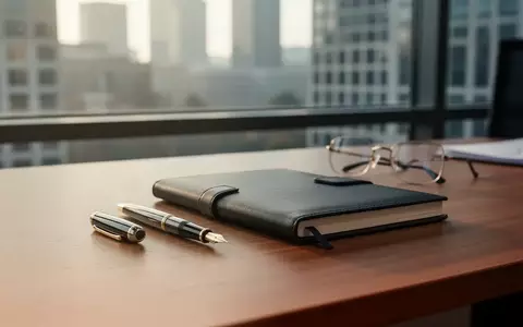 Ein professioneller Schreibtisch mit Notizbuch und Brille in einer ruhigen Büroumgebung bei natürlichem Tageslicht. - Foto: über boerse-global.de
