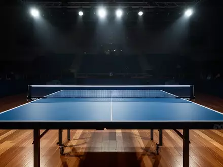 Ein leerer, professionell beleuchteter Tischtennistisch in einer großen, abgedunkelten Sporthalle. - Foto: über boerse-global.de