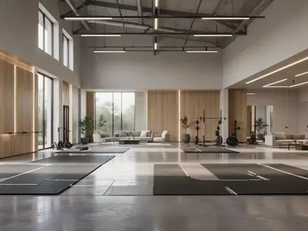 Modernes, leeres Fitnessstudio mit offener Raumgestaltung, hellem Holzboden und funktionaler Architektur. - Foto: über boerse-global.de