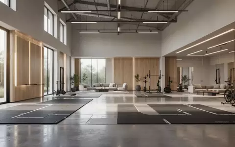 Modernes, leeres Fitnessstudio mit offener Raumgestaltung, hellem Holzboden und funktionaler Architektur. - Foto: über boerse-global.de