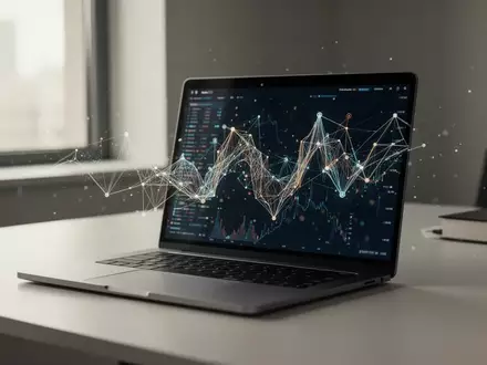 Ein moderner Schreibtisch mit einem Laptop, auf dessen Bildschirm ein abstraktes digitales Netzwerkdiagramm zu sehen ist. - Foto: über boerse-global.de