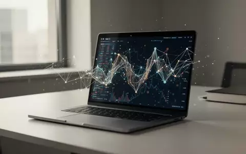 Ein moderner Schreibtisch mit einem Laptop, auf dessen Bildschirm ein abstraktes digitales Netzwerkdiagramm zu sehen ist. - Foto: über boerse-global.de