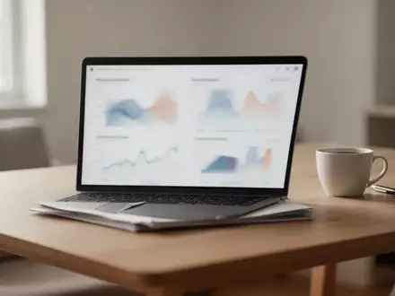 Ein minimalistischer Büroarbeitsplatz mit einem Laptop, der abstrakte Finanzdaten zeigt, in natürlichem Licht. - Foto: über boerse-global.de