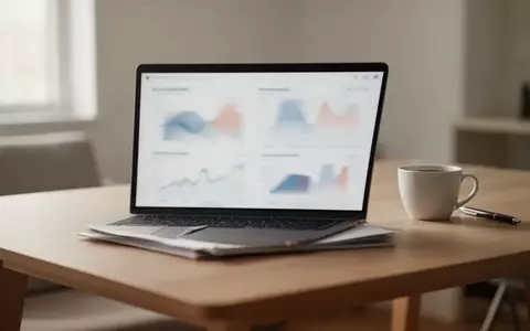 Ein minimalistischer Büroarbeitsplatz mit einem Laptop, der abstrakte Finanzdaten zeigt, in natürlichem Licht. - Foto: über boerse-global.de