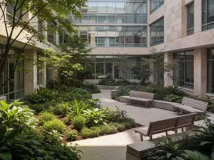 Ein sonnendurchfluteter, leerer Innenhof eines modernen Krankenhauses mit Pflanzen und Sitzbänken. - Foto: über boerse-global.de