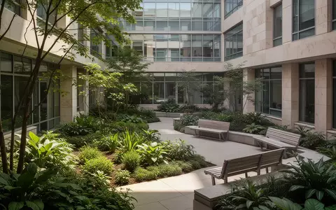 Ein sonnendurchfluteter, leerer Innenhof eines modernen Krankenhauses mit Pflanzen und Sitzbänken. - Foto: über boerse-global.de