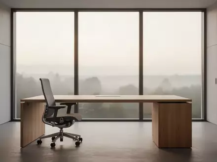 Ein leerer, modern gestalteter Büroarbeitsplatz mit einem Schreibtisch und einem ergonomischen Stuhl vor einem Fenster. - Foto: über boerse-global.de