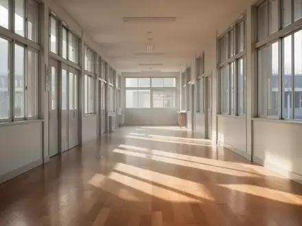 Ein heller, minimalistischer Schulflur mit Holzboden und großen Fenstern in einer ruhigen, menschenleeren Umgebung. - Foto: über boerse-global.de