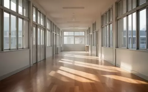 Ein heller, minimalistischer Schulflur mit Holzboden und großen Fenstern in einer ruhigen, menschenleeren Umgebung. - Foto: über boerse-global.de