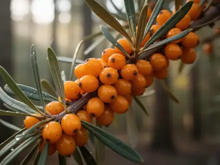 Nahaufnahme von reifen Sanddornbeeren an einem Zweig im natürlichen Licht. - Foto: über boerse-global.de