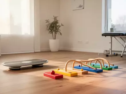 Ein heller Trainingsraum mit einem Balance-Board und hölzernen Balancierstangen auf dem Boden als Hilfsmittel für das Koordinationstraining. - Foto: über boerse-global.de