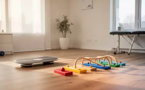 Ein heller Trainingsraum mit einem Balance-Board und hölzernen Balancierstangen auf dem Boden als Hilfsmittel für das Koordinationstraining. - Foto: über boerse-global.de