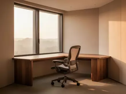 Ein minimalistischer, leerer Arbeitsplatz in einem hellen Raum mit einem Holztisch und einem Stuhl bei Sonnenlicht. - Foto: über boerse-global.de